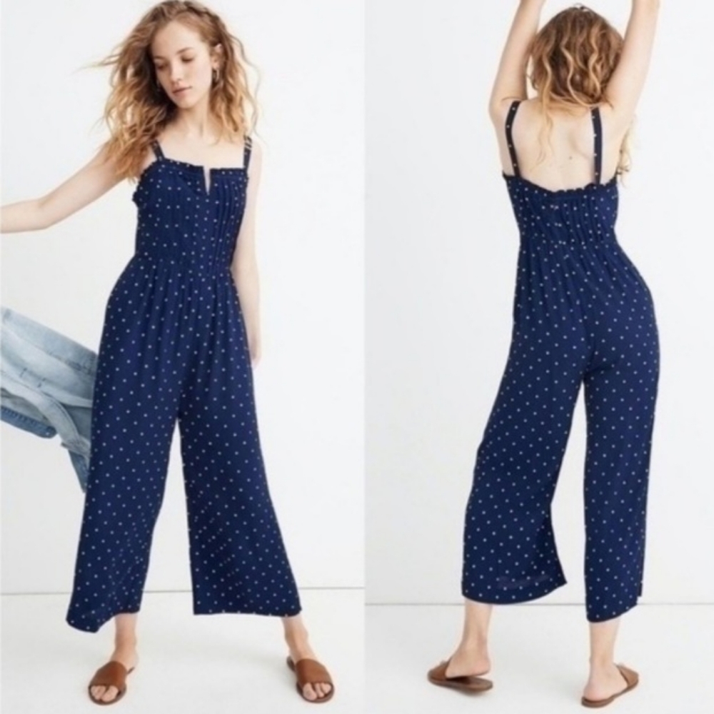 Women's Dark Blue Polka Dot Jumpsuit With Wide Straps & Relaxed Fit, Contemporary Vacation-Ready Loungewear MDZ2181D9LYL main image 1